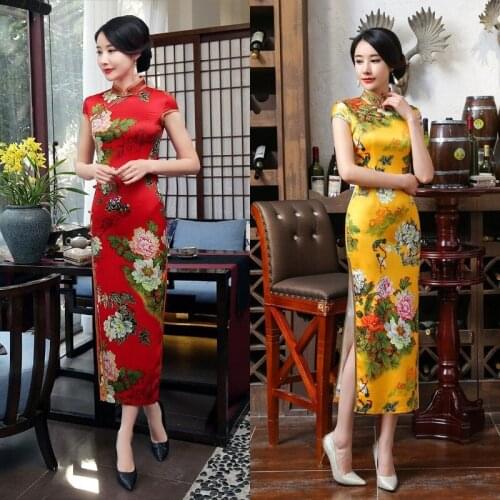 WomenS Fashion Elegant Long Cheongsam Dress Retro Slim Slit Satin Cheongsam Costume Chinese Women Dress Party Gown Sexy Qipao