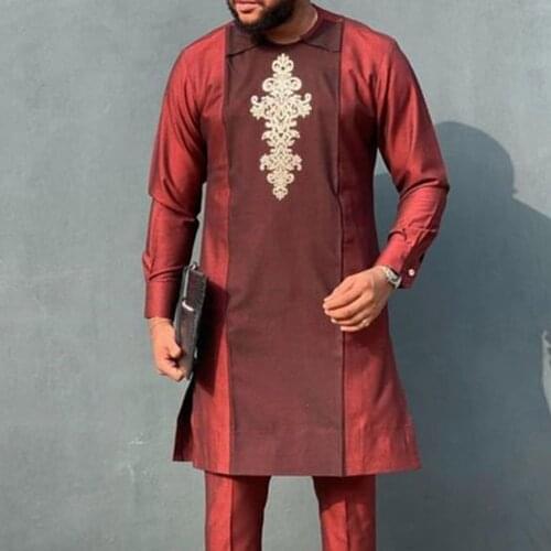 Color Block Ethnic Patchwork Long Sleeve Mid Length Red African Man Dress Casual Top Dashiki Plus Size M-4XL Vintage Men Shirt