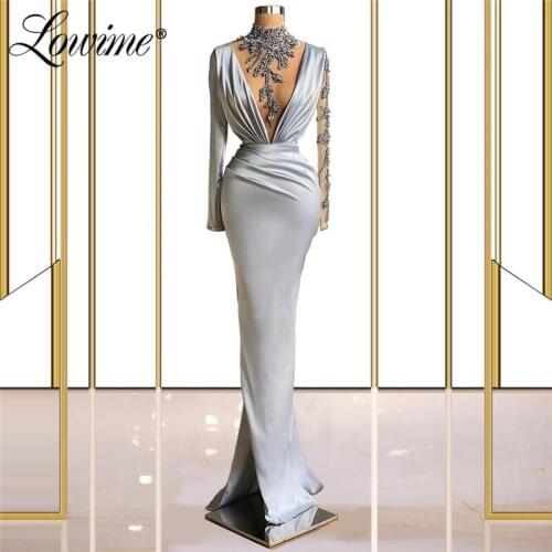 Lowime Customized Sky Blue Beaded Evening Dresses High Neck Prom Gown 2021 Dubai Long Sleeves Pleats Wedding Party Dress Vestido