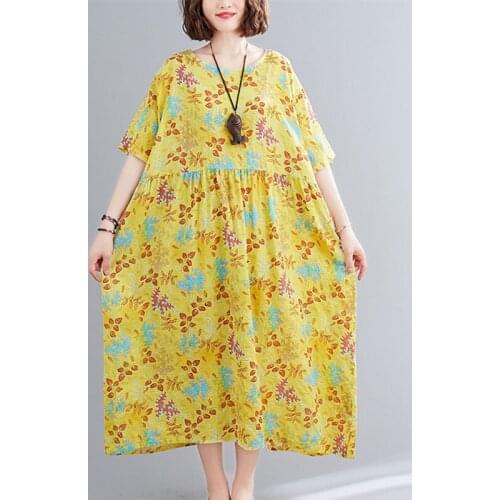Soft Cotton Linen Dress Print Floral Vintage Dress Plus Size 5XL6XL Loose Women Summer Dress Elegant Female Casual Midi Dress