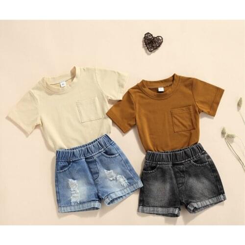 1-4Years Casual Kids Clothes 2pcs Sets Clothing Solid Pocket Boy T-shirts+Denim Shorts Boys Tracksuits Children Baby Clothes