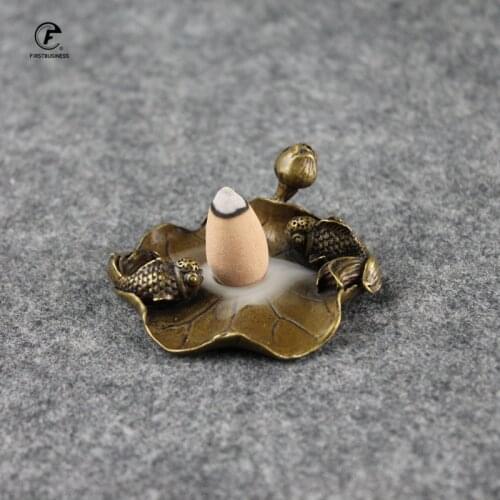 Antique Copper Incense Stick Holder Couple Fishs Lotus Small Ornaments Creative Vintage Brass Censer Home Decor Incenses Burner