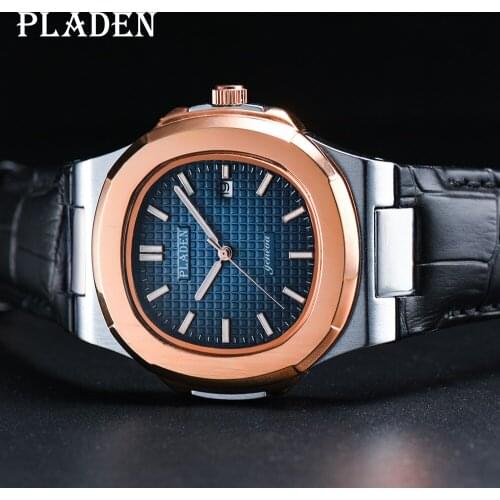 PLADEN Top Brand Men Quartz Wristwatch Luxury Sapphire Glass Sports Watch Leather Strap Blue Dial Watch Men Relogio Masculino