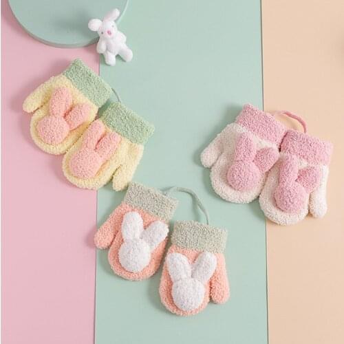Mitten for Children Rabbit fur Thick Warm Cute Knitted Mittens For 1-6years Baby New Hanging Neck Winter Glove Soft baby gloves