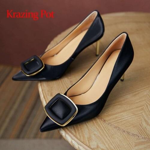 Krazing Pot genuine leather pointed toe thin high heels European style young lady mature elegant slip on modern women pumps L57