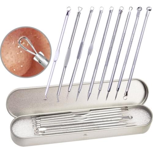 9Pcs/set Blackhead Comedone Pore Clean Tool Acne Pimple Remover Tool Needles Spoon Face Skin Care Stainless Steel Acne Extractor