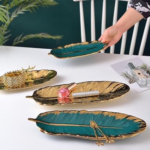 Feather Golden Dinner Ceramic Snack Dessert Plate, Creative Exquisite Cake Plate,Family Feather Storage tray Plate
