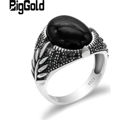 Black Men Ring 925 Sterling Silver Oval Natural Onyx Stone&Black CZ Rings Vintage Design for Male Women Antique Silver Jewelry