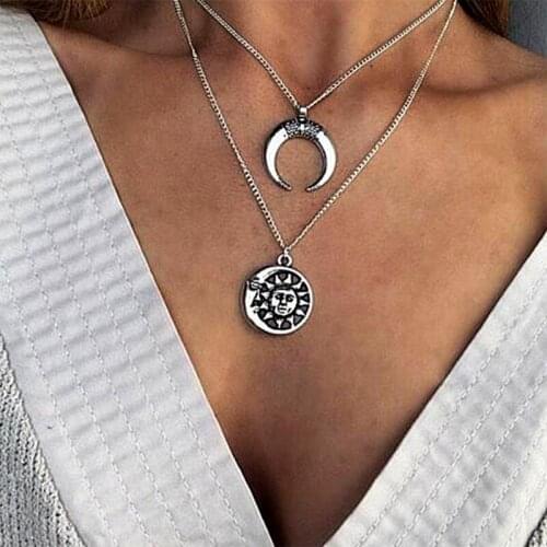 Silver Color Moon Sun Statement Chain Neckalce For Women 2019 Pendant Fashion Jewelry Accessories Gift Wholesale
