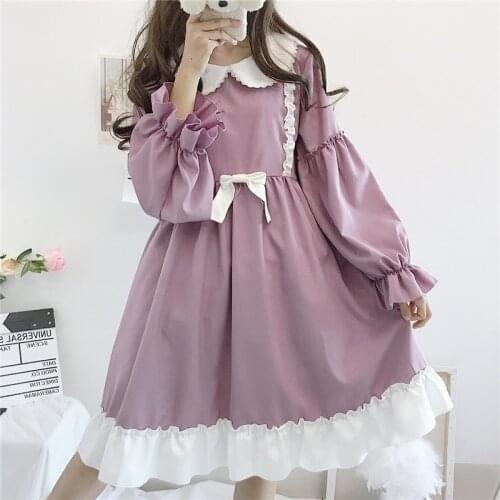 Sweet Lolita Short Dress Teen Girl Kawaii Lace Peter Pan Collar Ruffle Vestidos Women Cute Baby Doll Long Sleeve Purple Dress