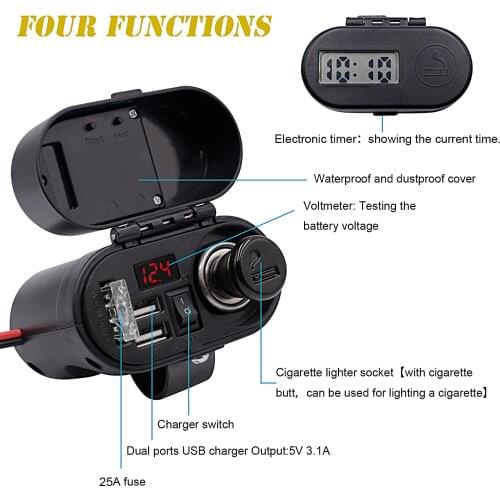 Motorcycle modified parts 12V mobile phone dual USB charging port cigarette lighter voltage display. Timetable four in one