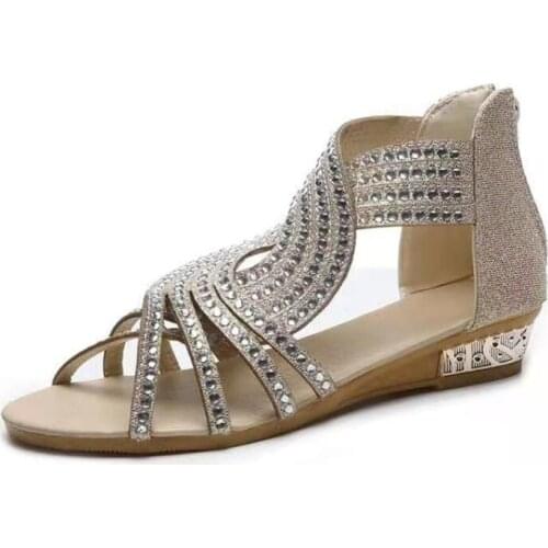 New Womens Sandals Summer Golden Zipper Sandal Open Toe Gladiator Hollow Low Heel Sandals Bling Wedges Pumps Ladies Shoes 2021