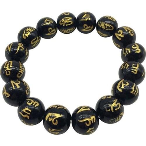 New gold stamping motto letter black natural stones beads bracelet men Trendy stone buddha bead bracelets for women Prayer 14mm