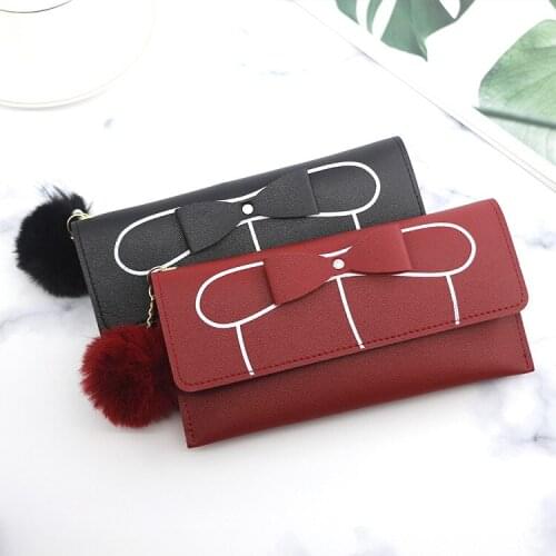 Wholesale Womens Long Wallet wholesale Solid Color Bow Furry Ball Clutch Bag Fashion Korean Style New Simple Wallet Coin Purse