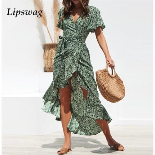 Casual Elegant Lace-up Print Ruffle Dress Women Sexy Short Sleeve A-Line Fashion Irregular Dress Summer Slit V-Neck Party Dress