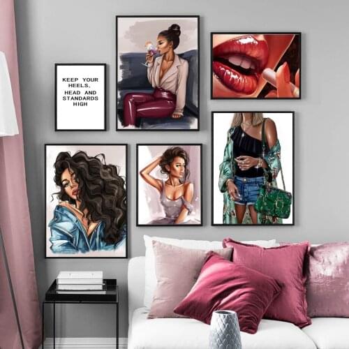 Self-adhesive Wall Stickers Fashion Girl Illustration Smoking Lip Wine Wall Art Posters Wall Picture For Living Room Decor