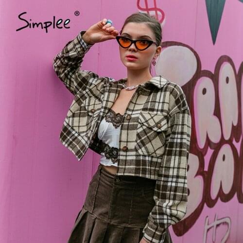 Simplee Y2K plaid buttons long sleeve short coat women Office pocket lapel jacket High street slim female shirt collar outerwear