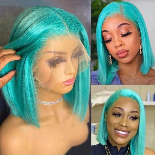 Lake Blue Bob Wig Human Hair Short 13x4 Lace Frontal Bob Wigs Pre Plucked With Baby Hair Virgin Hair Wigs 180% Density