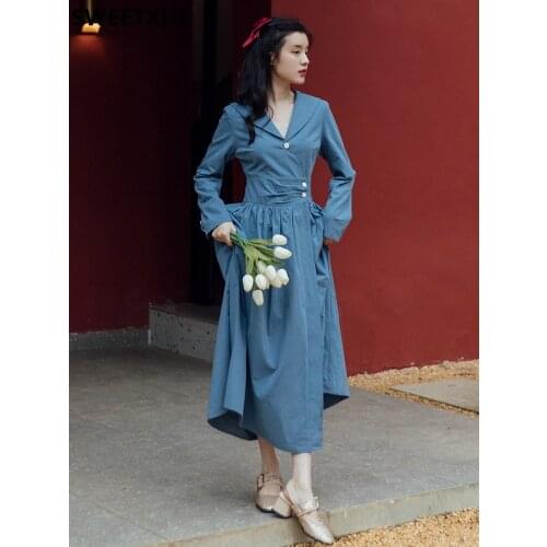 SWEETXUE 2021 Women French Vintage Elegant V-neck Long Sleeve Temperament Dress Fairy Chic Party Dress Female Korean Vestidos