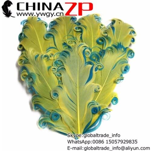 Leading Supplier CHINAZP Factory 50pcs/lot Cheap Yellow with Turquoise Curled Nagorie Goose Pad Feathers