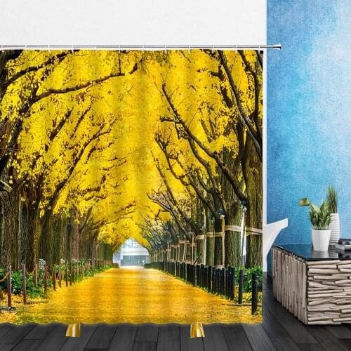 Landscape Painting Shower Curtains Autumn Yellow Leaves Pink Flowers 3D Bathroom Home Decor Waterproof Polyester Cloth Curtain