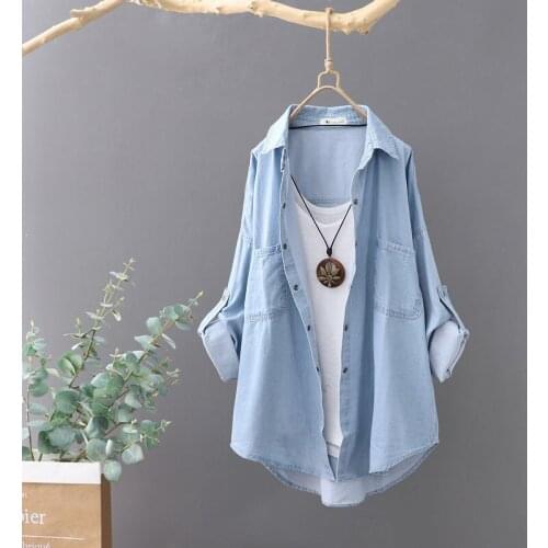 Female Denim Jacket Baby Blue Loose Blouses Women Vintage Fashion Pocket Long Sleeve Casual Shirt Jacket Coat Lady
