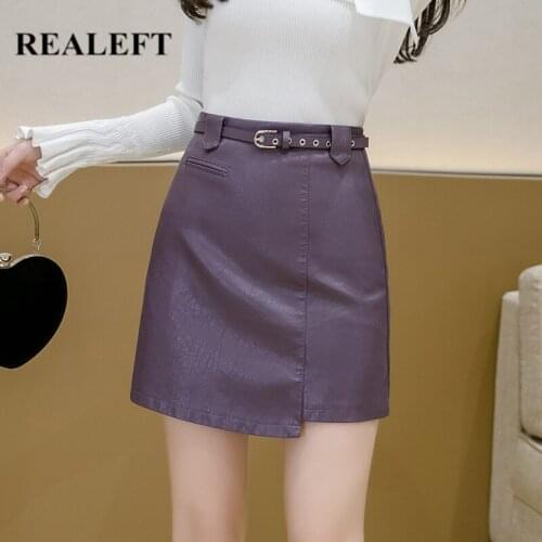 REALEFT New 2020 Autumn Winter Purple PU Leather Short Skirt with Belt Female Wrap Skater Skirts High Waist Sexy Mini Skirts