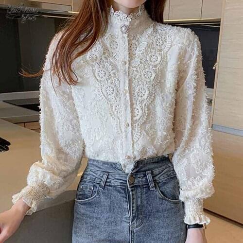 Stand Collar Tassel Stitching Lace Blouse Autumn Gentle Loose Women Long Sleeve Top Hollow Out Flower Womens Shirt Blusas 16556