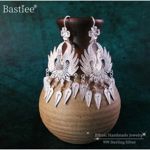 Peacock 999 Sterling Silver Earrings For Women Big Drop Tassel Earrings Bohemian Dangle Vintage Ethnic Handmade Luxury Jewelry