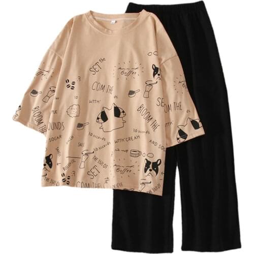 Two Piece Set Women Cartoon Printed O Neck T shirt And Long Pants Set Casual 2021 Summer Short Sleeve Women Tracksuit Pants Suit