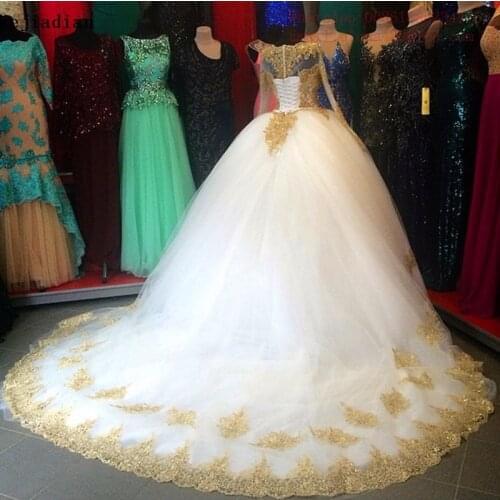 Vestidos de novia Long Sleeve Puffy Tiered Ball Gown Wedding dresses White and Gold Luxury Scoop Appliques with Lace Bridal Gown