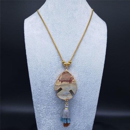 AFAWA Natural Stone Stainless Steel Long Tassel Necklace for Women Gold Color Water Drops Bohemian Necklace Jewelry NB16S04