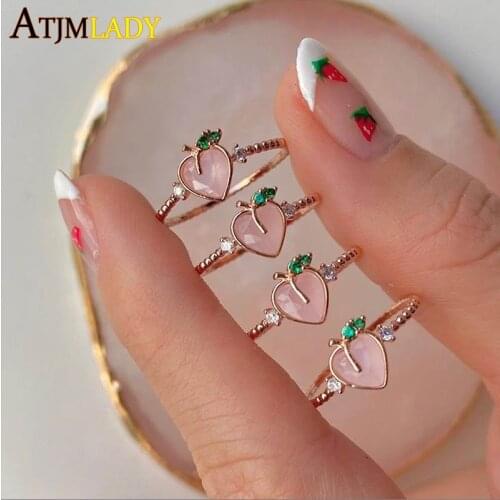 Summer new arrived hot selling delicious fruit design jewelry Gold color Sweet Cute peach charm cz band ring for women