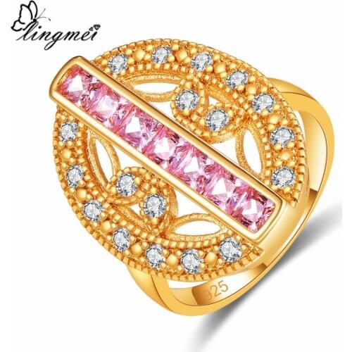 Lingmei Wedding Band Engagement Princess RounPinkPurpleWhite Cubic Zircon Yellow goldplated Fashion Ring Size 6-9