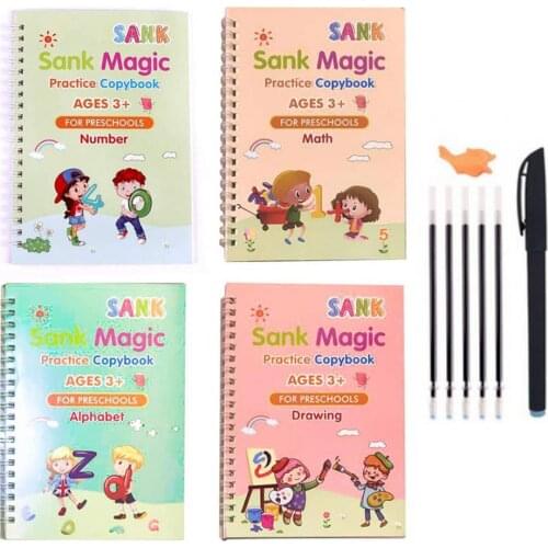 4Pcs Reusable English Alphabet Number Kids Drawing Practice Book Groove Copybook