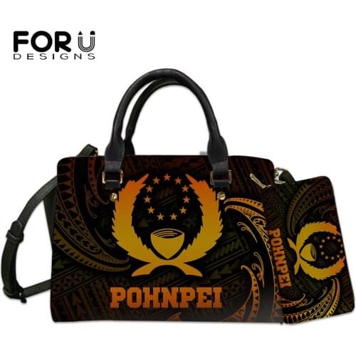 FORUDESIGNS Vintage Womens Handbag And Purse 2Set Pohnpei And Polynesian Tribe Design Female Clutch Tote Bag Casual Bolsa Femme