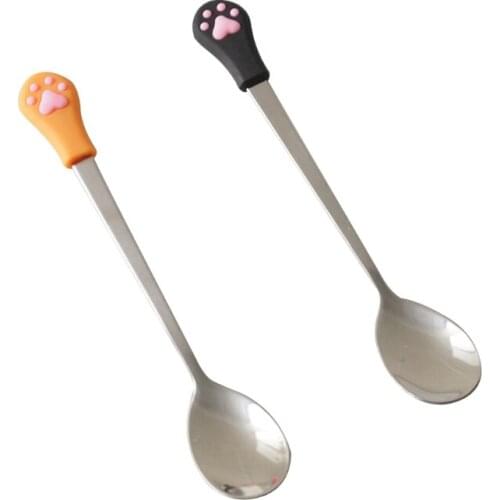 2 PCS Pet Can Cat Food Spoon Stainless Steel Durable with Silicone Wrapped Cute Soft Cat Paw Design Coffee Spoon