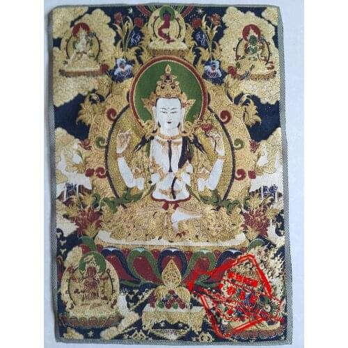36 inch Tibet Silk embroidery Nepal 4 arm guanyin portrait Buddha Tangka Thangka Paintings family wall decorated the mural