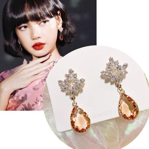 TV Star Korean Champagne Waterdrop CrystalDrop Earrings Women Girls Snowflake Zircon Pendientes Christmas Jewelry