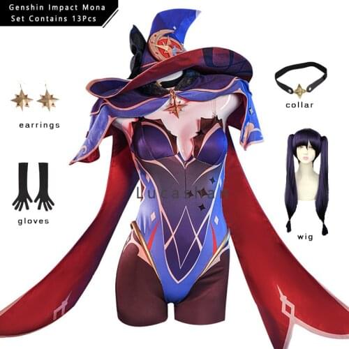 Genshin Impact Mona Cosplay Costume Kids Adult Jumpsuits Playsuits Cloak Witch Hat Wig Earrings Stockings 13pcs Sexy Woman Set