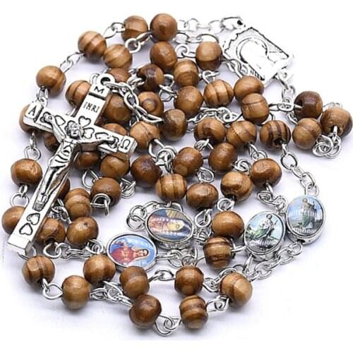 Handmade Round Wood Rosary Beads Cross Religious Jesus Necklace Christian Charms