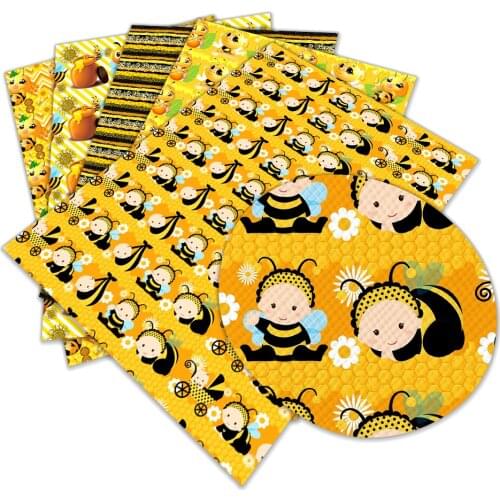Cute Bee Cartoon Printed Faux Leather Cross Pattern Sheet for Bow Synthetic Leather DIY Decoration Crafts A4 22*30CM