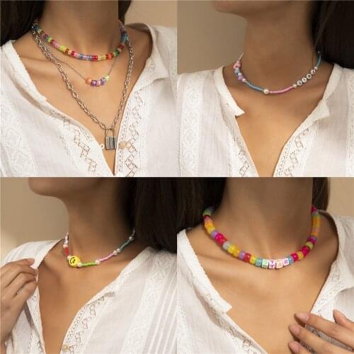 2021 Fashion Colorful Geometric Beads Alphabet Dice Smiley Hip Hop Multilayer Necklace For Women Boho Choker Necklaces Jewelry