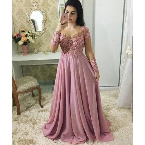 Fashion Lace Mother Of The Bride Dresses With Long Sleeves Sheer Jewel Neck Wedding Guest Dress Chiffon Beaded Plus Size Evening