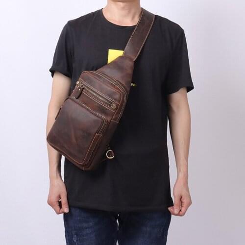 Luufan Retro Genuine Leather Sling Chest Bag Handmade Crossbody Bag Messenger Hand Bag Pack Travel Shoulder Bag for Men