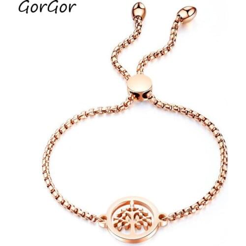 GorGor New Titanium Steel Plated Rose Gold Hollow Tree of Life Adjustable Drawable Bracelet for Elegant Women Jewelry 1025