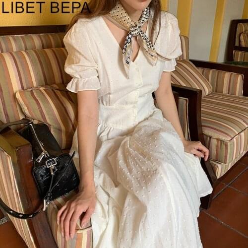 2021 New Summer Women Dresses High Waist Lace Up Casual Dot Fashionable Puff Sleeve Sweet Single Breasted Long Dress DR2073