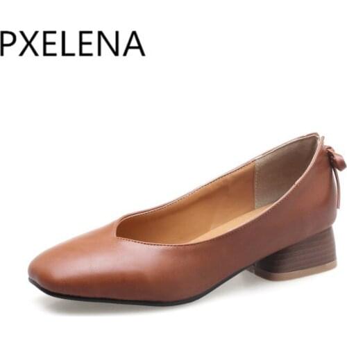 PXELENA Hot 2018 Spring Vogue Block Low Heels Shoes Womens Square Toe Slip On Pumps Ladies Shoes Casual Comfort Date Shoes 34-43