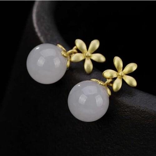 Pure S925 Silver Earrings Natural White Jadeite Beads Dangle Earrings Fashion Earrings