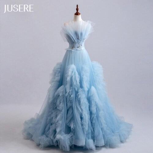 Blue A-line Strapless Evening dress lace up back prom dress ruffles party dress with sweep train